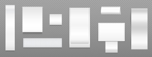 Бесплатное векторное изображение Текстильные шитые этикетки для маркировки одежды и размещения информации об уходе за брендом и прачечной реалистичный векторный иллюстрационный набор макетов и шаблонов белых шёлковых тканей и значков с швами