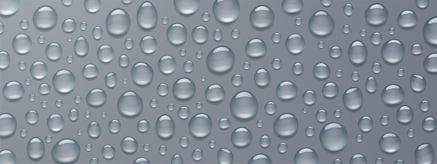 Texture di gocce d'acqua su sfondo grigio. illustrazione realistica vettoriale della condensazione di vapore, vapore o nebbia su una superficie grigia bagnata, gocce d'acqua chiare dalla pioggia sul vetro