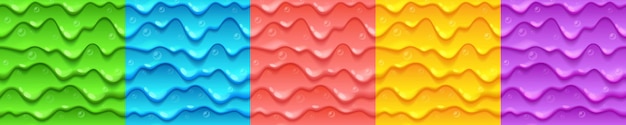Texture di gocce colorate di melma liquida per lo sfondo del gioco. i modelli senza cuciture del fumetto di vettore di gelatina, vernice, sciroppo o appiccicosa fluiscono in diversi colori, liquido gocciolante con bolle
