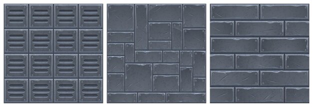 Текстуры металлических пластин старые стальные листы с винтами для игрового фона Векторные мультяшные бесшовные узоры поверхности промышленных стен с железными панелями и решетками с заклепками