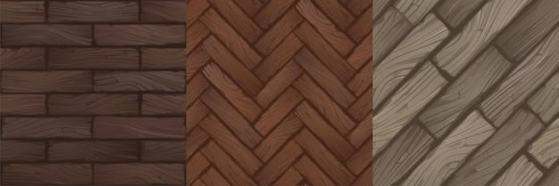 ゲームの背景のための木製の寄木細工の床、ヘリンボーン、長方形の床のテクスチャ。木製のラミネート、木材ボードからの古いヴィンテージの床面の上面図のベクトル漫画シームレスパターン 無料ベクター