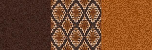 Texture di pelle di serpente, coccodrillo o lucertola. modelli senza cuciture con stampa in pelle di animali selvatici. set di sfondo vettoriale di materiale di moda di lusso da rettili, pitone o pelle macchiata di serpente a sonagli