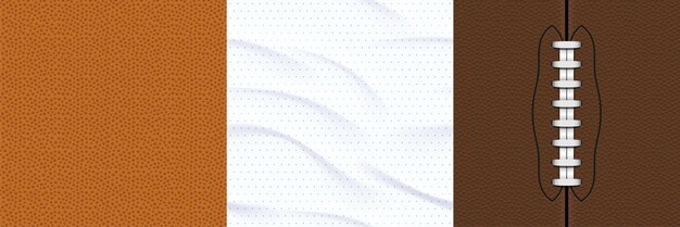 Textures of sports jersey american football and basket balls surface Vector realistic set of seamless patterns of pigskin leather with laces white athletic shirt textile with wrinkles