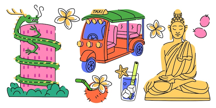 Free Vector thai doodle collection of cultural elements
