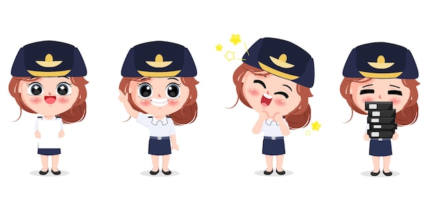 태국 여성 공군 유니폼 만화 제스처 포즈 캐릭터 컬렉션 포즈 세트 벡터 디자인