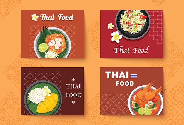 Free vector thai food dishes variety tom yum kung sticky rice and mango pad thai papaya salad thai cuisine dishes on table