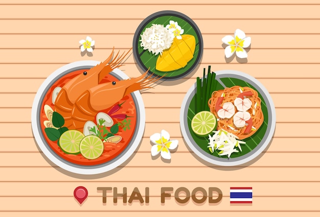 Free vector thai food dishes variety tom yum kung sticky rice and mango pad thai thai cuisine dishes on table