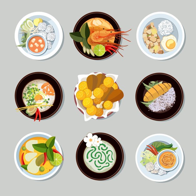 태국 음식 아이콘을 설정합니다. 새우와 전통 레스토랑, 요리 및 메뉴, 벡터 일러스트 레이션