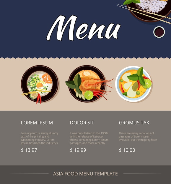 태국 음식 메뉴 템플릿 디자인. 가격 및 구매, 새우 및 요리, 아침 해산물, 벡터 일러스트