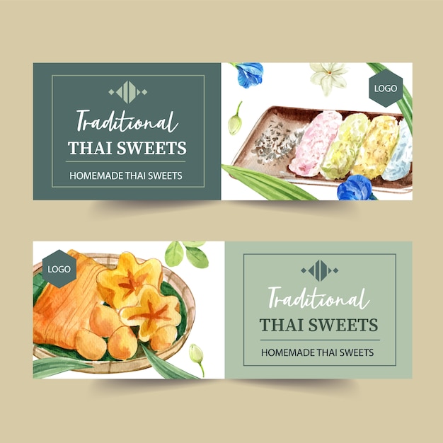 Free vector thai sweet banner design with pea flowers, golden threads watercolor illustration.