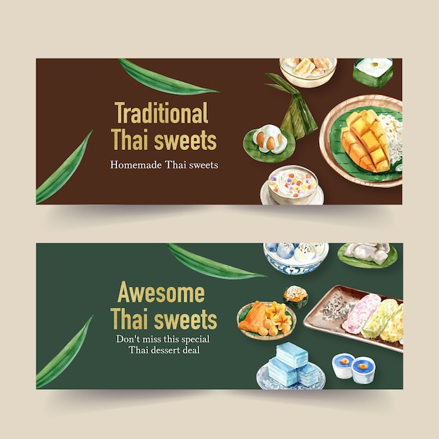 Thai sweet banner design with sticky rice, pudding watercolor illustration. 