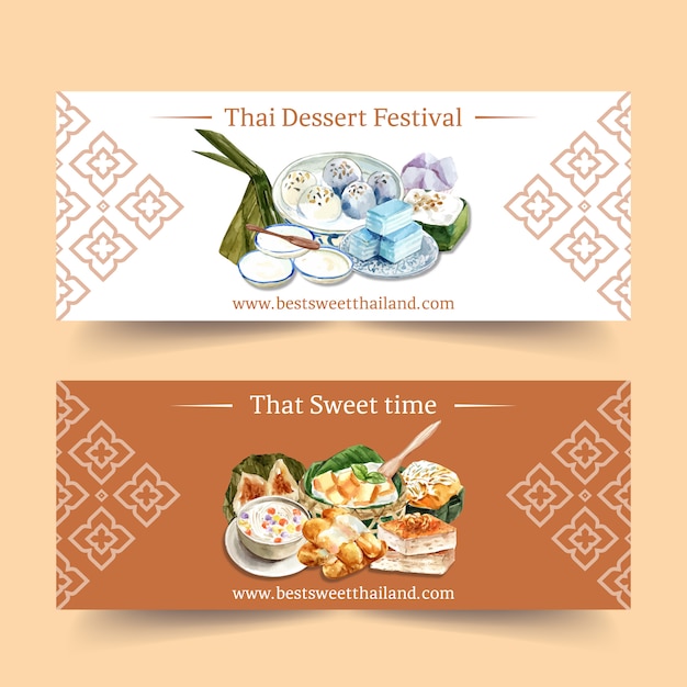 Free vector thai sweet banner design with thai pudding, layered jelly watercolor illustration.