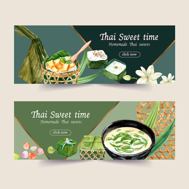 Free vector thai sweet banner design with thai pudding watercolor illustration.