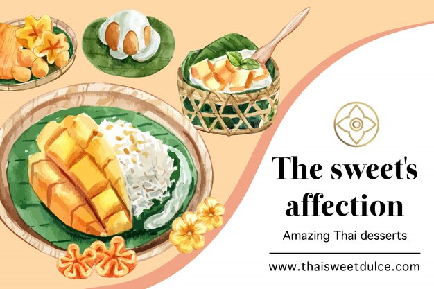 Thai sweet banner template with golden threads, sticky rice illustration watercolor. 