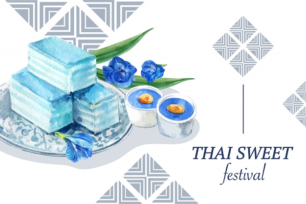 Free vector thai sweet banner template with pudding, layered jelly illustration watercolor.