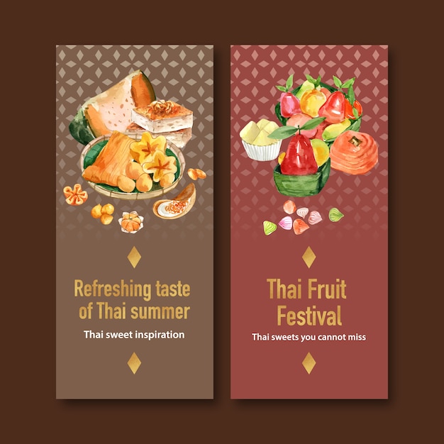 Free vector thai sweet banner with thai custard, imitation fruits watercolor illustration.