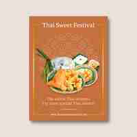 Free vector thai sweet poster design with golden threads, pudding illustration watercolor.