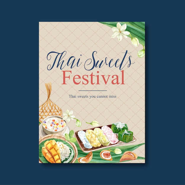 Free vector thai sweet poster design with jasmine, pudding, sticky rice, illustration watercolor.