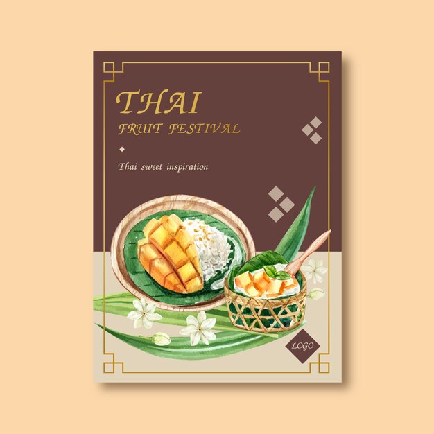 Тайский сладкий дизайн плаката с липким рисом, манго, жасминовой акварелью иллюстрации.