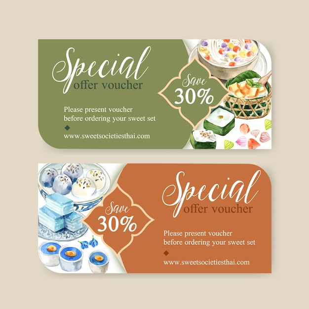 Free vector thai sweet voucher design with pudding, layered jelly illustration watercolor.