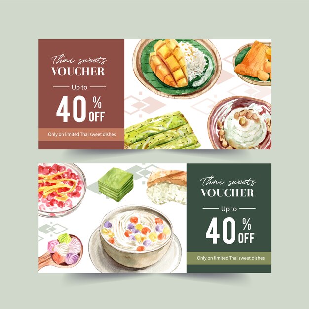 Free vector thai sweet voucher design with sticky rice, mango, ice cream illustration watercolor.