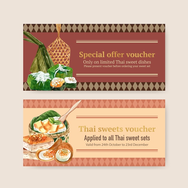 Free vector thai sweet voucher design with thai custard, pudding illustration watercolor.