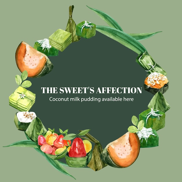 Free vector thai sweet wreath with egg custard, imitation fruits illustration watercolor.