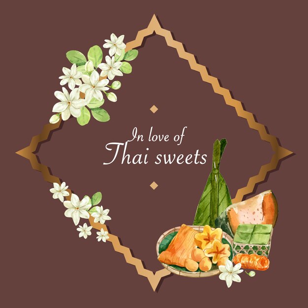 Thai sweet wreath with steamed pumpkin, egg custard illustration watercolor. 