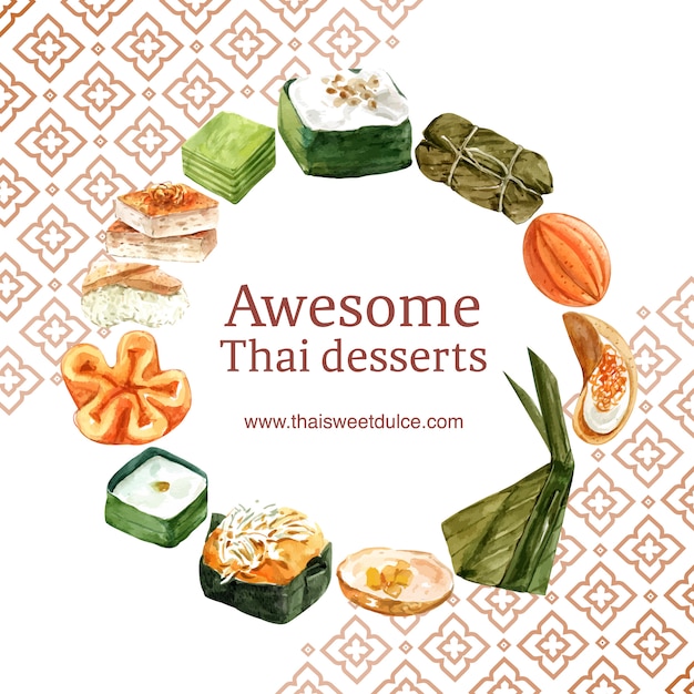 Free vector thai sweet wreath with thai custard, pudding illustration watercolor.