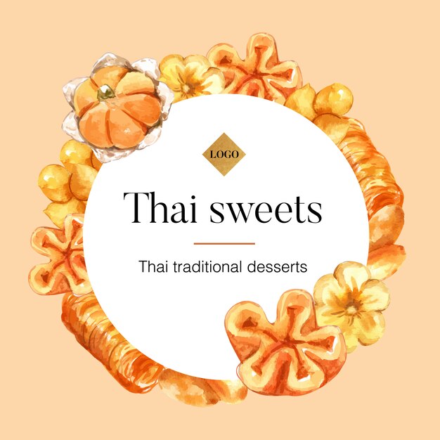 Тайский сладкий венок с тайскими сладостями с смыслом иллюстрации акварель.
