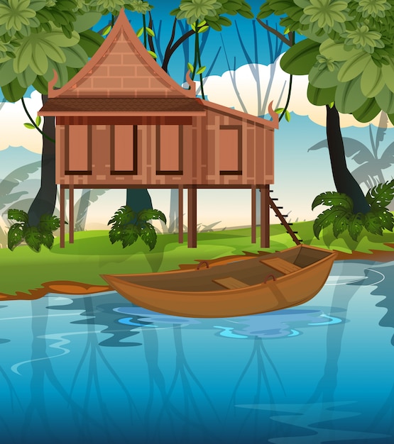 Free vector thai traditional house in nature