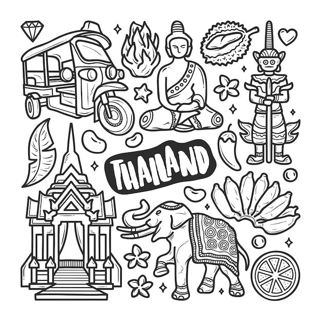 Thailand Icons Hand Drawn Doodle Coloring