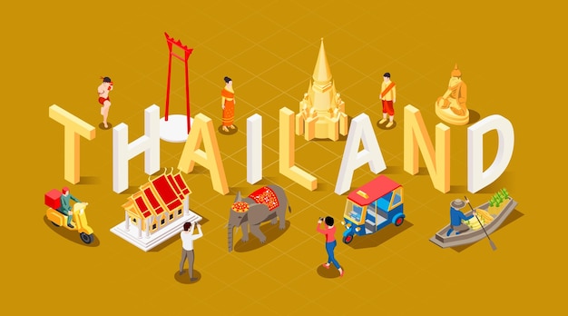 Туристическая изометрическая композиция Таиланда с 3d текстом в окружении тайских местных жителей, традиционных транспортных зданий и векторной иллюстрации туристов