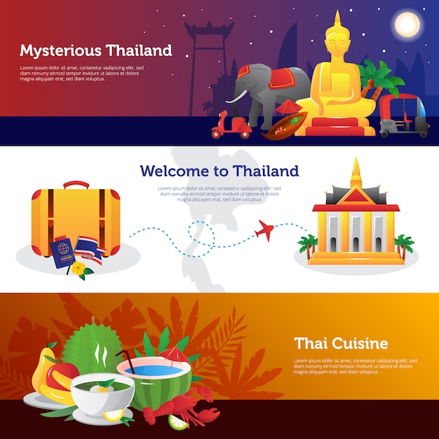 Free vector thailand for travelers web page design with information on transportation thai cuisine