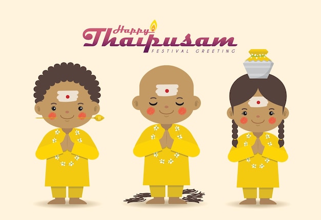 Thaipusam celebrated by the tamil community cartoon indian people with vel spear and paal kudam