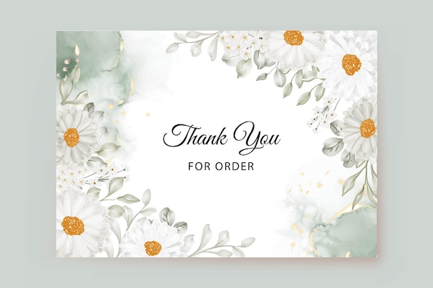 Free vector thank you card template with daisy white and greenery leaves watercolor