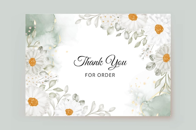 Thank you card template with daisy white and greenery leaves watercolor