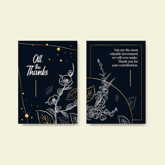 Thank you card template with line art flower