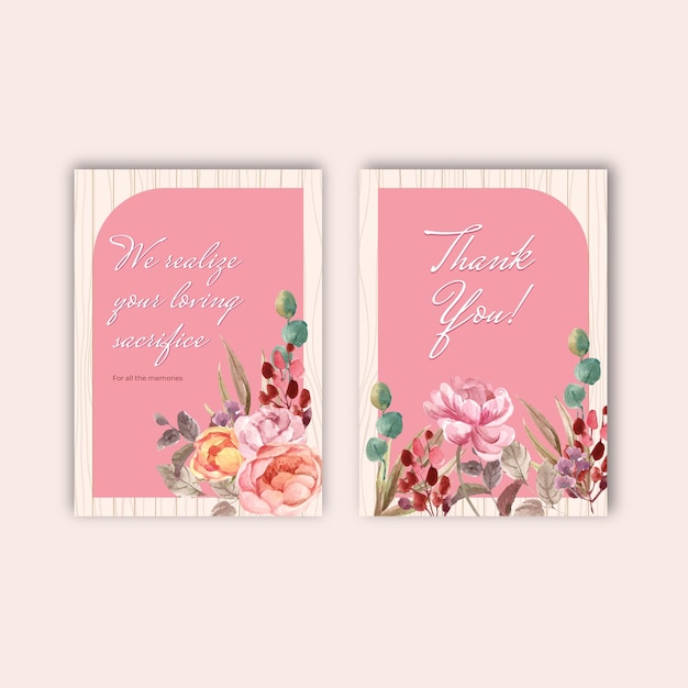 Thank you card template with love blooming concept design watercolor illustration