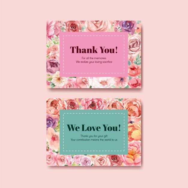 Free vector thank you card template with love blooming concept design watercolor illustration