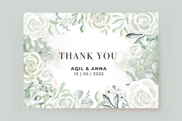 Thank you card template with rose white and greenery leaves watercolor