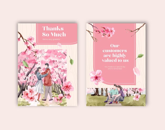 Free vector thank you card with cherry blossom concept design watercolor illustration