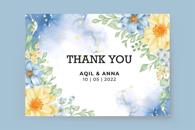 Thank you a card with floral frame flower blue and yellow