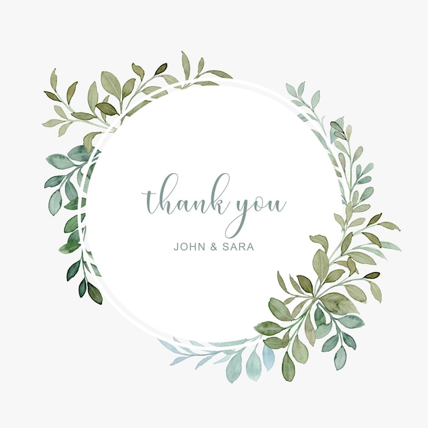 Thank you card with green leaf frame watercolor