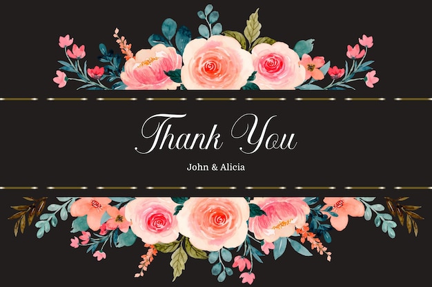 Thank you card with watercolor pink rose flower border