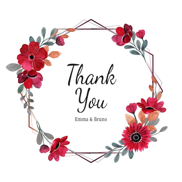 Thank you card with watercolor red flower geometric frame