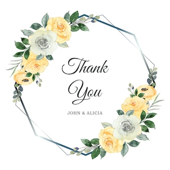 Thank you card with yellow rose flower frame watercolor