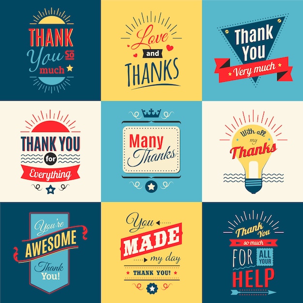 Free vector thank you lettering set with love and gratitude in retro style isolated vector illustration