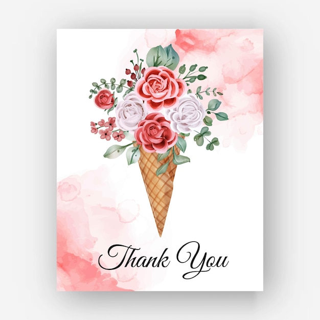 Thank you Watercolor Rose Cone Template Card