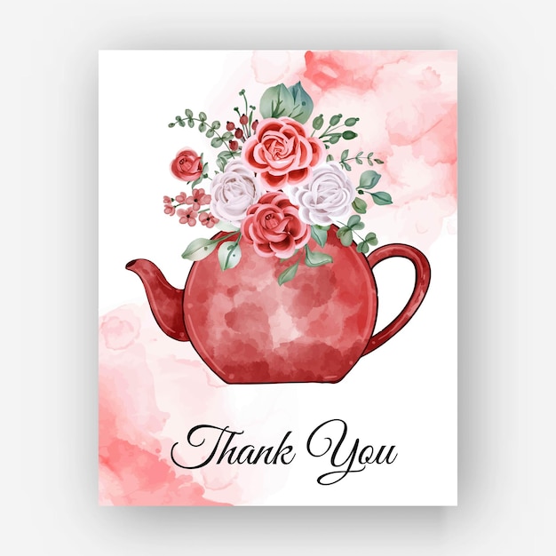 Free vector thank you watercolor rose teapot template card